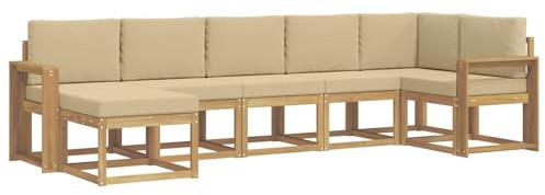 vidaXL Outdoor-Sofagarnitur mit Kissen 7 pcs Weiß und Beige Polyester, Modularer Gartensofa-Set, modernes Outdoor-Sofa, wetterfester Terrassenmöbel, Akazienholz, braunes Sitzen