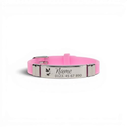 SOS Armband Kinder & Senioren mit Name & Telefonnummer – Lasergravur | Flexibles Silikonband mit Edelstahlplatte – graviert mit Name und bis zu zwei Telefonnummern, in vier Farben