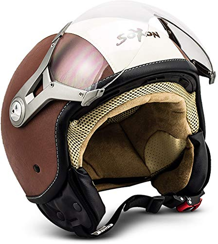 Soxon® SP-325 „Vintage“ · Jet-Helm · Motorrad-Helm Roller-Helm Scooter-Helm Moped Mofa-Helm Chopper Retro Vespa Vintage Pilot Biker Helmet Damen · ECE 22.05 Visier Schnellverschluss Tasche S (55-56cm)