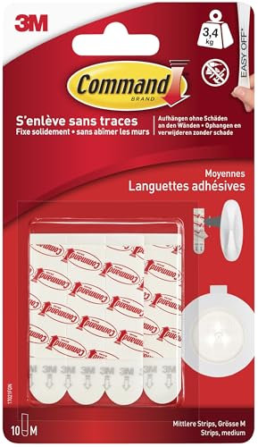 Command Recharge de Languettes Adhésives - 10 Bandes Moyennes, Blanc - Sans Outils - Fixation Sans Dommage