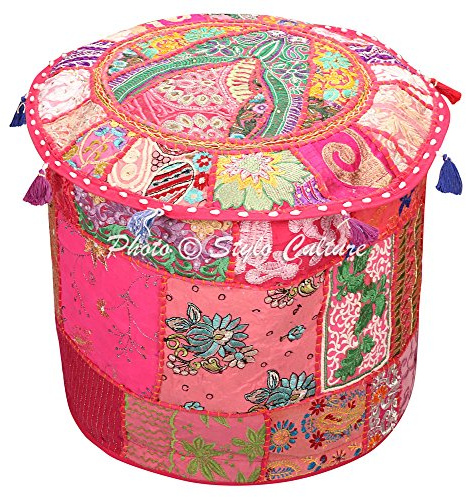 Stylo Culture Pouf Sitz Sitzsack Stoff Osmanischen Pouf Cover Rosa ethnische Bestickt Patchwork Cotton Traditionellen runden Hocker Ottoman Cover (18x18x13 Zoll) 45 cm