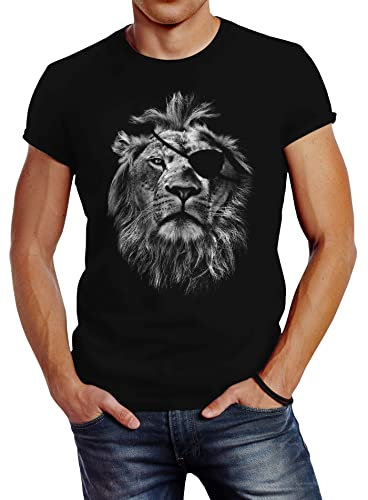 Neverless Cooles Herren T-Shirt Löwe Print Aufdruck Motiv Slim Fit schwarz XS
