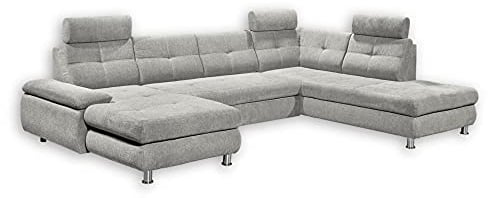 Stella Trading ALBA Wohnlandschaft in U-Form, Stoffbezug Silber - Ausziehbares Sofa mit Schlaffunktion & Bettkasten - 349 x 88 x 233 cm (B/H/T)