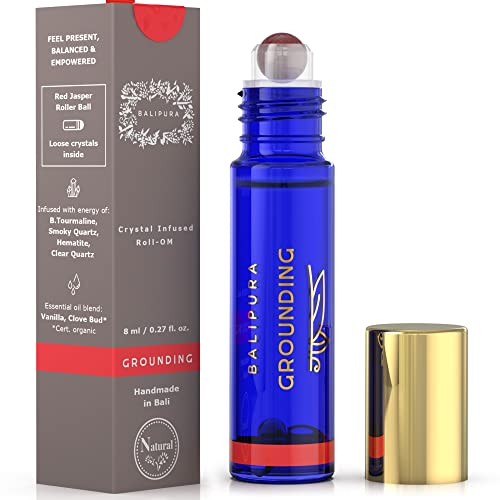 Balipura Olio Essenziale per L’aura - “Grounding” con diaspro Rosso e Cristalli Curativi di Quarzo Ialino Naturale - Oli Essenziali di Vaniglia e Chiodi di Garofano - Fatto a Mano a Bali - 8 Ml