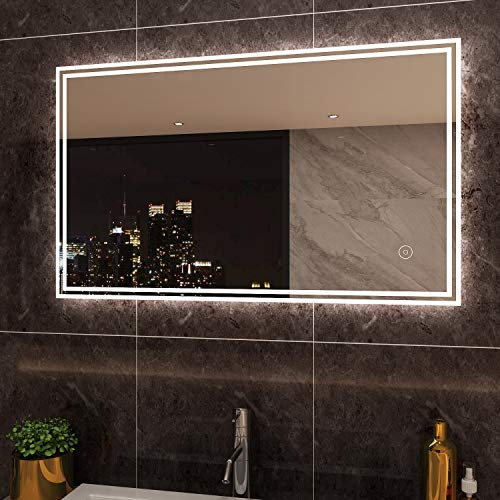 SIRHONA Miroir Lumineux LED 100x60cm Anti-buée Miroir Salle Bain Mural Cosmétiques, 3 Couleurs Lumière, Dimmable, Mural Lumière Illumination