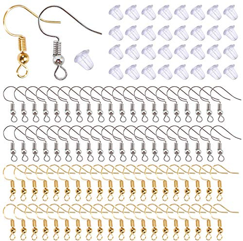 TOAOB 800 Piezas Ganchos Enganches para Pendientes Dorado y plateado 18 mm y 400 Piezas Tuercas para Pendientes Hipoalergénicos de Goma Transparent para Hacer Accesorios Aretes Joyería