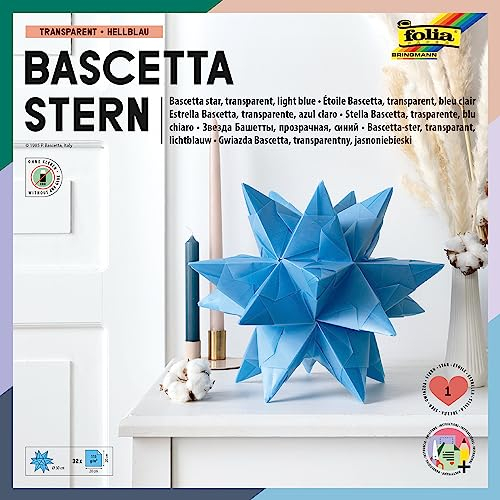 folia 830/2020 - Bastelset Bascetta Stern, Transparent hellblau, 20 x 20 cm, 32 Blatt, fertige Größe des Papiersterns ca. 30 cm, mit ausführlicher Anleitung - ideal zur zeitlosen Dekoration