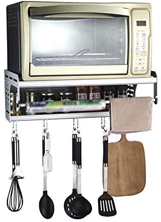Uziqueif Halterung Mikrowellen Mit 10 Haken Und 2 Ablagen Mikrowellenhalter Ablage Halter Microwelle Regal Wand für Küche(Weiß)