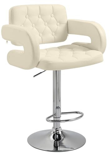 HOMCOM Sgabello da Bar Alto con Schienale e Braccioli, Sgabello da Cucina Moderno Girevole con Altezza Regolabile e Poggiapiedi, in Finta Pelle, 61x50x94-114cm, Bianco