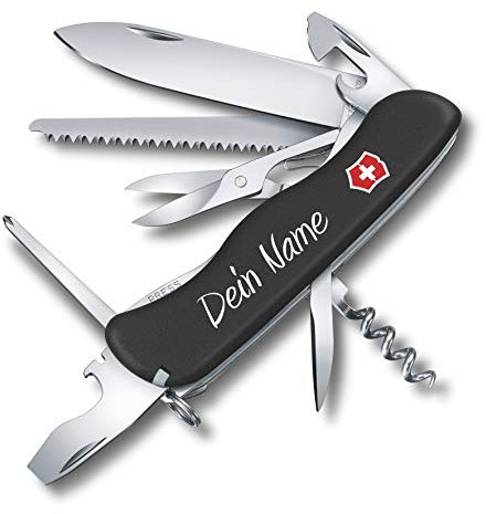 Taschenmesser Outrider mit Wunsch Druck auf der Schale I Geschenk für Männer Frauen I zum Geburtstag I Schweizer Taschenmesser personalisiert mit 14 Funktionen 0.8513 (schwarz)