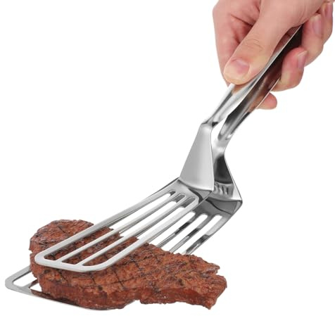 DOITOOL Steak Clamp Stainless Steel Spatula Tongs Fish Gripper Handy Pizza Clip Slotted Double Spatula Grill Tongs Kitchen Gadgets Silver