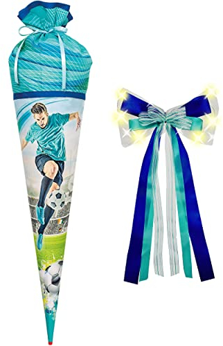Stoff Schultüte Motiv + Größe + Zubehör wählbar 85/70 cm - inkl. LED LICHT - Schleife - Holzspitze - Zuckertüte - Stoffabschluß - Roth 6 eckig rund - Ju..