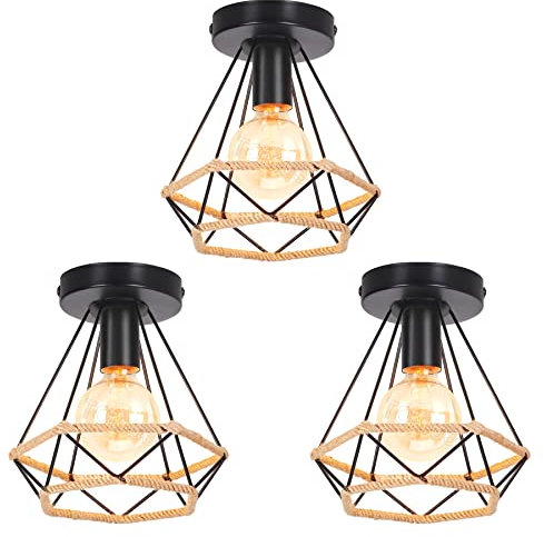 TOKIUS Deckenleuchte Industrielle Vintage Lampe Retro E27 Deckenlampe aus Metall 20CM Käfig Design Pendelleuchte mit Hanfseil für Küche Wohnzimmer Esszimmer Korridor (3 Stücke)