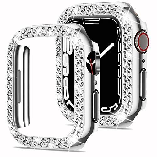 Miimall Kompatibel mit Apple Watch Series 9/8/7 45mm 41mm Hülle, Bling Glitzer Doppelter Diamant Strassstein Harter PC Schutzrahmen Ultradünner Schutzhülle für iWatch Series 9/8/7 41mm - Silber
