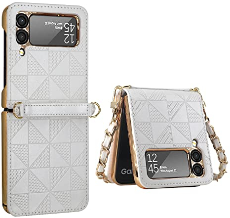 COQUE Hülle für Galaxy Z Flip 3 Ultradünne klappbare Handyhülle, vergoldeter Kettenschultergurt Schönheitstasche Shell, klappbare Handyhülle für Samsung Galaxy Z Flip 3 5G-Weiß