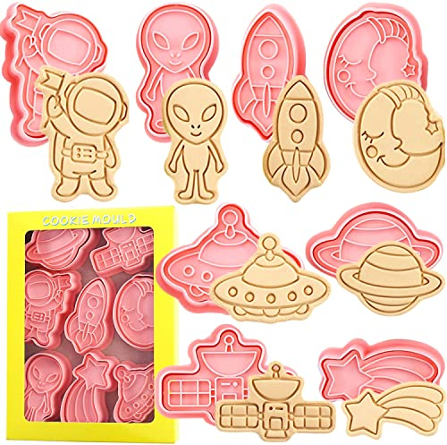 Space Cookie Cutter-8 Plastic Cookie Stamps-Cartoon Fun Cookie Mold,3D Space Themed Cookie Cutter Set.