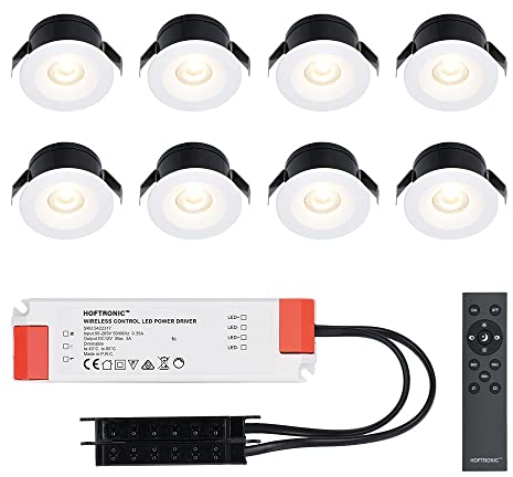 HOFTRONIC 8x Cadiz - Mini LED Einbaustrahler 12v mit Trafo 3W - Dimmbar - für Badezimmer und Terrassendach - IP44 wasserdicht - Weiß - Lochmaß 40mm Einbautiefe 26mm - Blendfrei - innen und außen