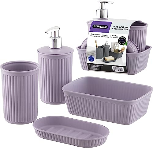 Superio Ribbed Collection - Decorative Plastic Bathroom Accessories Set, Lilac Purple (Set of 4) Soap Dish, Liquid Dispenser, Toothbrush Holder Cup, Vanity Organizer Tray - Bathroom Decor Gift