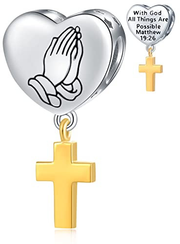 Glaube Kreuz Beten Hände Anhänger Charms mit Gott Alle Dinge sind möglich, passen Pandora Religiöse Armband, 925 Sterling Silber Gold Faith Cross Herz Perlen, Geschenke für Familie/Ostern