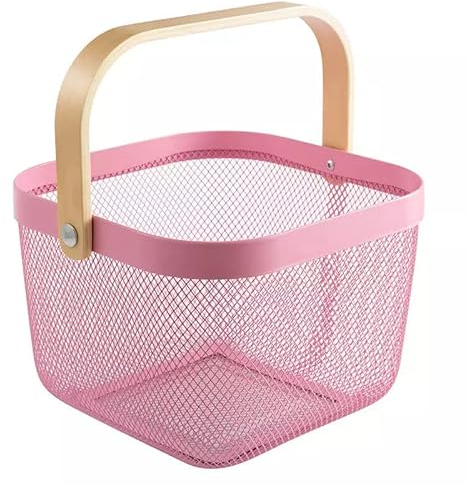 Sarmini Aufbewahrungskorb mit Holz Henkel, Multifunktionaler Metalldraht Hängende Küchenkörbe Obstkorb Ideal für Küche, Bad, Speisekammer, Garten, Schrankhaus, Einkaufen (Rosa, Quadrat)