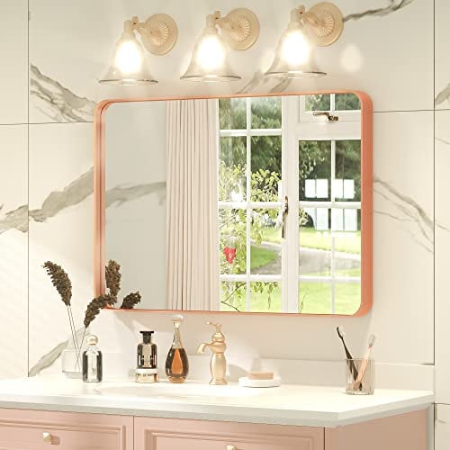 Wansi Shine Rose Gold Framed Mirror for Bathroom, 36x24 Inch Farmhouse Bathroom Vanity Mirror, Rounded Corner Rectangle Wall Mirror, Anti-Rust, Shatterproof(Horizontal/Vertical)