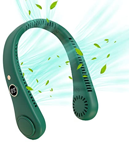 Uotory 360° LED Digital Display Portable Neck Fan, USB Wearable Fan 5 Wind Speeds Hanging Leaf Less Portable Outdoor Hanging Neck Lazy Fan (green) (WWJ-614-4)