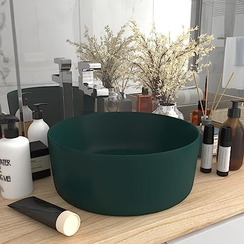 HIGSOSE Lavandino Lusso Rotondo Verde Scuro Opaco 40x15 cm Lavandino da Appoggio Lavabo Appoggio Lavatoio Ceramica Lavatoio da Esterno Arredo Bagno Lavabo da Esterno Lavabo da Appoggio in Ceramica