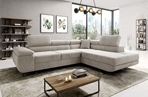 Easy4You Ecksofa Creme Avatar Kord L-Form – 277x73x203 cm - Schlafsofa mit Bettkasten und Schlaffunktion - Eckcouch mit Stauraum – Rechts – Stoff Kord POSO 100