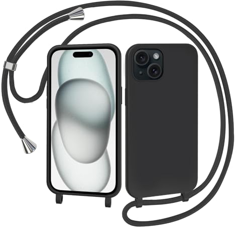 AOMYKE Coque pour iPhone 15 avec Cordon, Collier Étui Silicone Liquide avec Tour de Cou Lanière en Corde Souple TPU Antichoc Housse - Noir