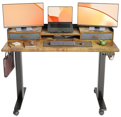 Claiks Electric Standing Desk with Drawers, 140x60cm Height Adjustable Desk with Storage Shelf and Splice Board, Stand Up Desk for Home Office, Rustic Brown