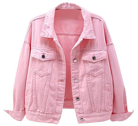 DABAOK Manteau moelleux - Veste en jean vieilli - Coupe décontractée - Veste de camionneur en jean surdimensionné, rose, S
