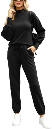 REORIA Damen Baumwolle Hausanzug Trainingsanzüge mit Rollkragen Langarm-Jogginganzug Activewear Workout Set Sport Outfit mit Tasche Schwarz L