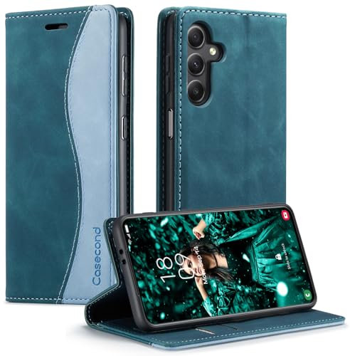Casecond Coque pour Samsung Galaxy A24 4G Housse en Cuir avec Magnetique Etui RFID Blocage Protection Pochette Porte Cartes Portefeuille Mince Wallet Case Femmes Hommes - Bleu Vert