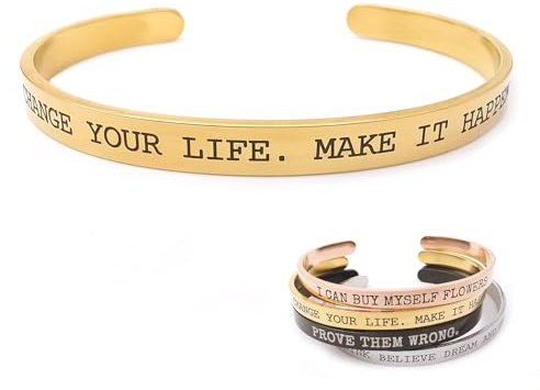 ALMENDRA Bracciale da donna uomo personalizzato con frase incisione nome rigido in acciaio personalizzabile amiche braccialetto regalo (Oro)