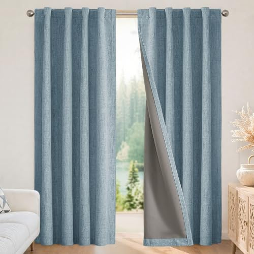 Joydeco 100% Blackout Curtains 108 inches Long Natural Linen Drapes 2 Panels Set Burg for Bedroom Living Room Black Out Darkening Curtain Thermal Insulated Back tab Rod Pocket(52x108 inch,SkyBlue)