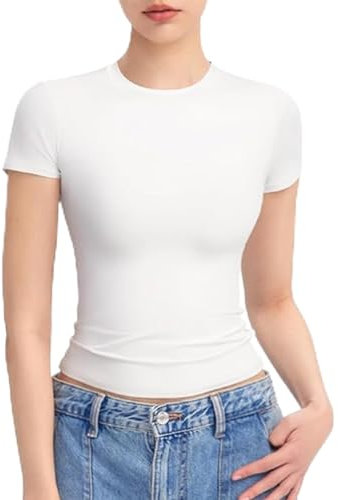 Women's Basic Slim Fit T Shirts Solid Black White Crop Top t-Shirts for Women UK Y2K Short Sleeve Tops Going Out Tshirt Cropped Summer Streetwear (S, White)…
