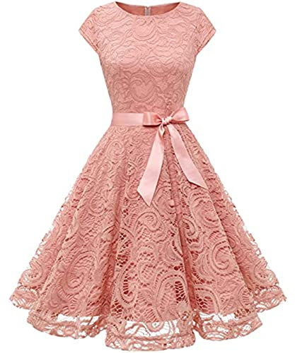 YAOJIWANG Robe De Soirée En Dentelle Pour Femmes, Col Rond, Taille En Dentelle, Manches Courtes, Longueur Aux Genoux, Robe De Cocktail Pour Femmes Taille S-3Xl Marine Rose Beige Vin Chic Et Élégant