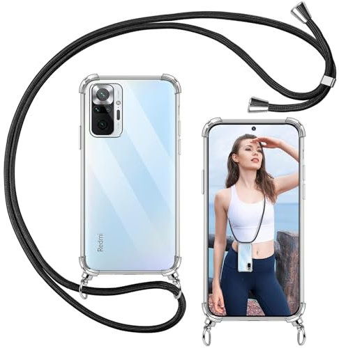 ISOI Funda con Cuerda para Xiaomi Redmi Note 10 Pro, Colgante Ajustable Collar Correa de Cuello Cadena, Carcasa Transparente Cordón Suave TPU Silicona, con Parachoques Airbag a Prueba de Golpes-Negro