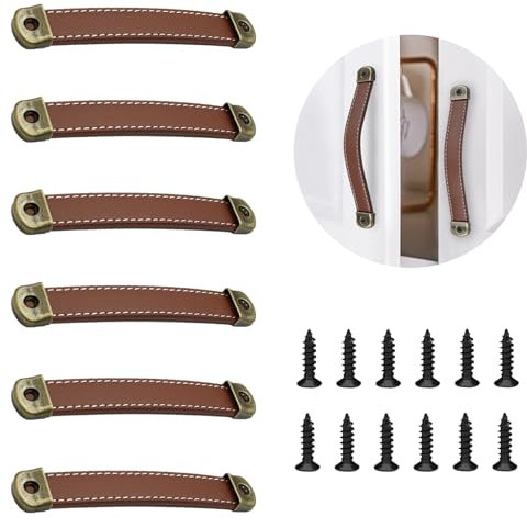 Oenothera 6-Piece Leather Furniture Handles, Vintage Khaki Leather Door Knobs & Drawer Pulls, Ergonomic & Safe for Cabinet, Cupboards, Wardrobe, Dresser