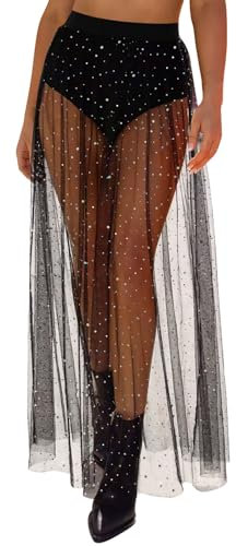 Eisnnu Damen Transparent Mesh Rock,2 in 1 Glitzer Maxi Röcke Mit Shorts,Hoher Taille Pailletten Tüllrock für Party Musikfestivals Karneval (DE/NL/SE/PL, Alphanumerisch, XL, Regular, Regular, Schwarz)