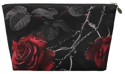 Trousse de toilette gothique avec imprimé roses noires pour femmes et filles, trousse de maquillage portable en cuir avec fermeture éclair dorée, doré, Taille unique, Trousse de toilette