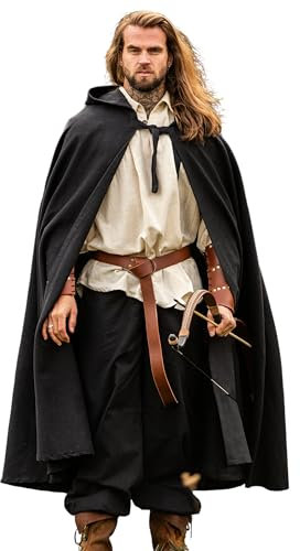 Leonardo Carbone® Mittelalter Umhang Frantz mit Kapuze - Mittelalter Kleidung Damen Herren, Cape Männer, Hobbit Kostüm, LARP, Wikinger, Cosplay, Renaissance, Halloween - 100% Baumwolle Schwarz