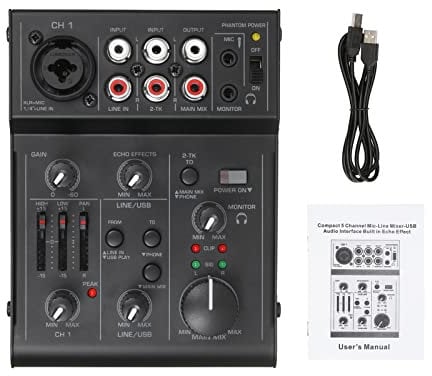 5-Kanal-Mini-Mixer,USB-Mischpult, 5-Kanal-Audiomischer mit 2-Band-EQ, Echoeffekt und Verstärkungsregelung,Professioneller Audio-Mixer für Live-Streaming, Tonverarbeitung in Studioqualität