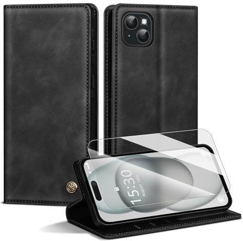 Kirnntca Premium Lederhülle für iPhone 15 [Mit 1 Stück Panzer Schutz Glas] Magnet Kartenfach Klapphülle Schutzhülle für iPhone 15, Schwarz