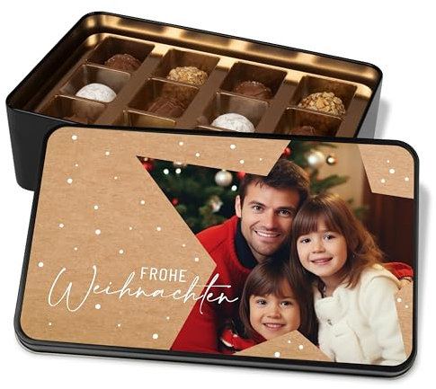 Pralinendose personalisiert „Frohe Weihnachten“ Stern-Motiv - 12 Confiserie-Pralinen in Geschenkdose – Geschenk Weihnachten Schokolade Geschenkidee