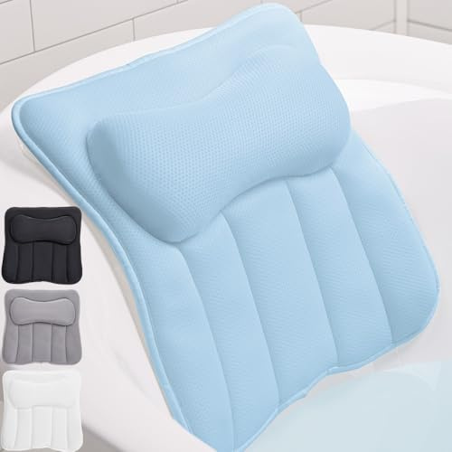 GORILLA GRIP Bath Pillow for Tub, 6 Strong Suction Cups, 4D Mesh, Blue | FlexComfort Headrest for Neck, Head and Back Support, Luxury Machine Wash Pillows, Bathtub Accessories, Spa Gifts for Women