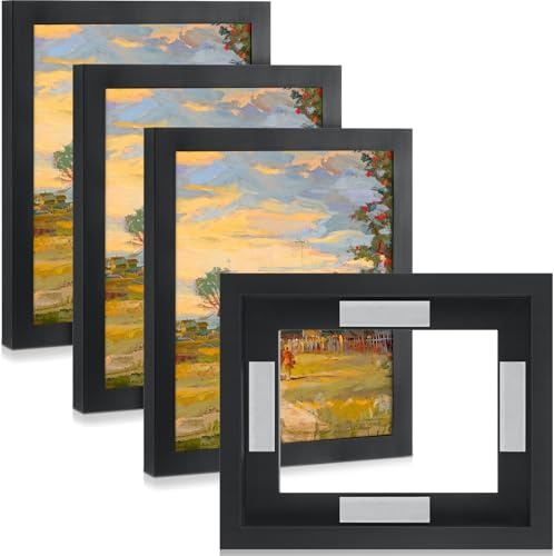 Qunclay 4 Pcs 8 x 10 Inch Canvas Floating Frame Black Floater Frames for Canvas Painting Wood Vertical and Horizontal Wall Hanging Frame with Adhesive Strips for Prints Oil Painting Diamond Decor