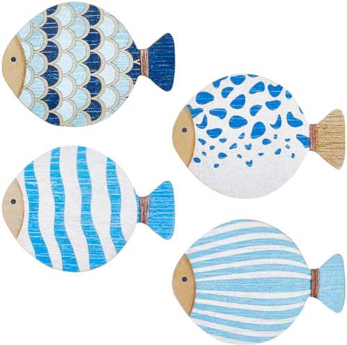 GORGECRAFT 4 Stück Wanddekoration Aus Holz Mit Fischen Blau Naturholz Sommer Meer Strand Ozean Skulpturen Tier Vintage Nautische Küste Hängendes Ornament Mit Aufkleber Für Kunst Seehaus Badezimmer Sch