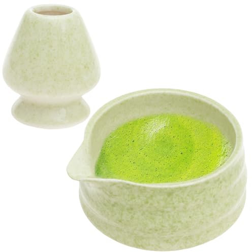 TNTGMG Matcha Schale mit Ausgießer,2 Stück Matcha Set aus Keramik,Fassungsvermögen 500 ml,Matcha Ständer, handgefertigt, traditionelle Matcha Starter Mischschüssel für EIN Matcha-Erlebnis