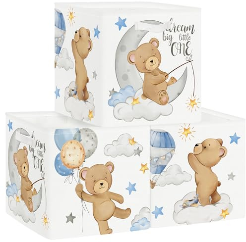 HUUMONSS 11.8 Storage Basket Set of 3 Kid Toy Storage Bin | Water Resistant Coating, Soft Lifting Handles, Fabric, Blanket Clothes Book, Boy Girl Room Bedroom Bathroom, Animal